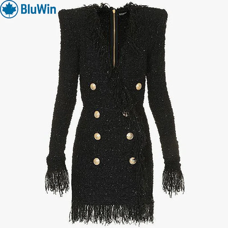 

BluWin Lurex Tweed Fringe Trim Blazer Dress Women Double Breasted V Neck Long Sleeve Slim Fit Mini
