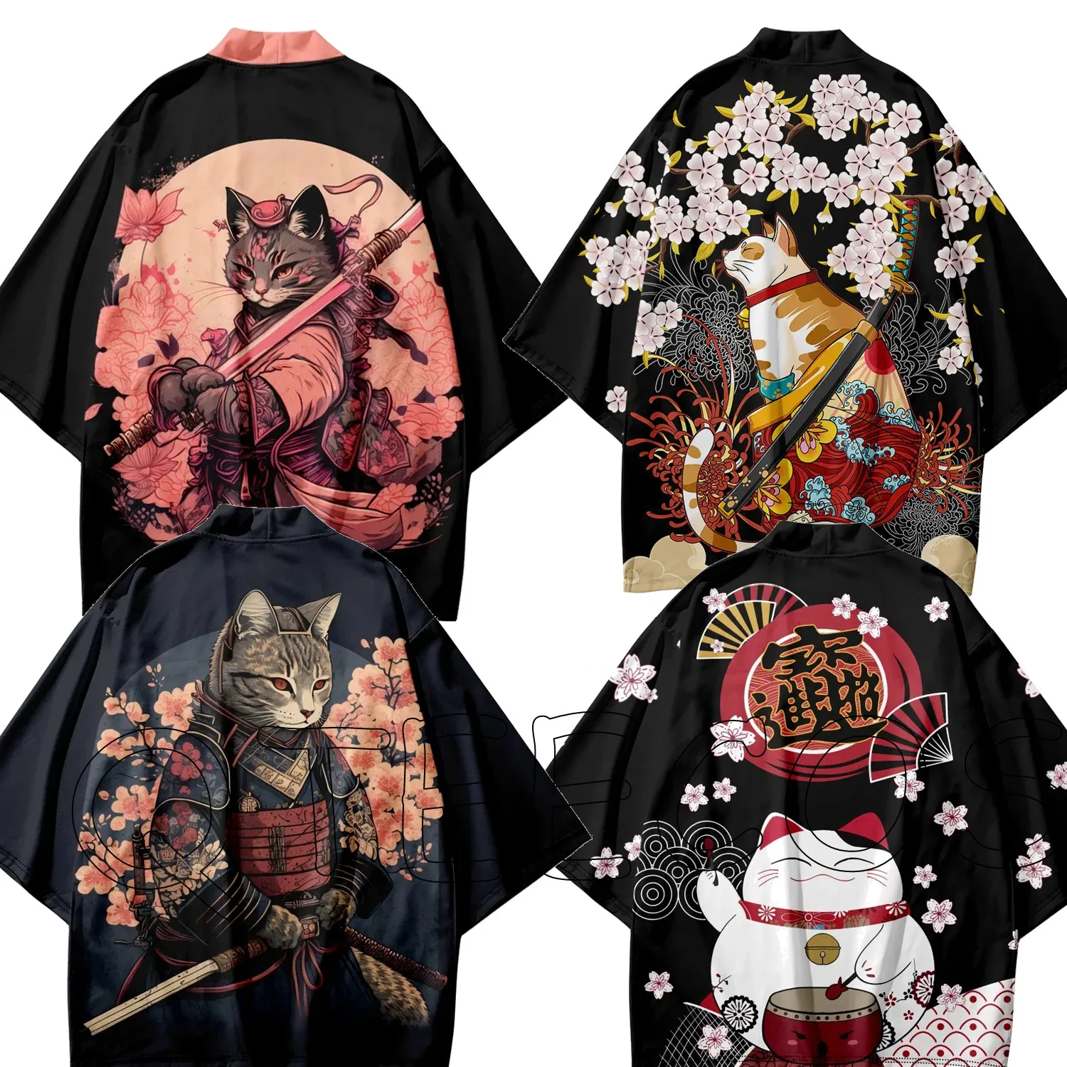 Japanese Cat Print Cosplay Haori Kimonos Yukata Samurai Men Women Kimono Traditional Asian Clothes Harajuku Cardigan Shirt