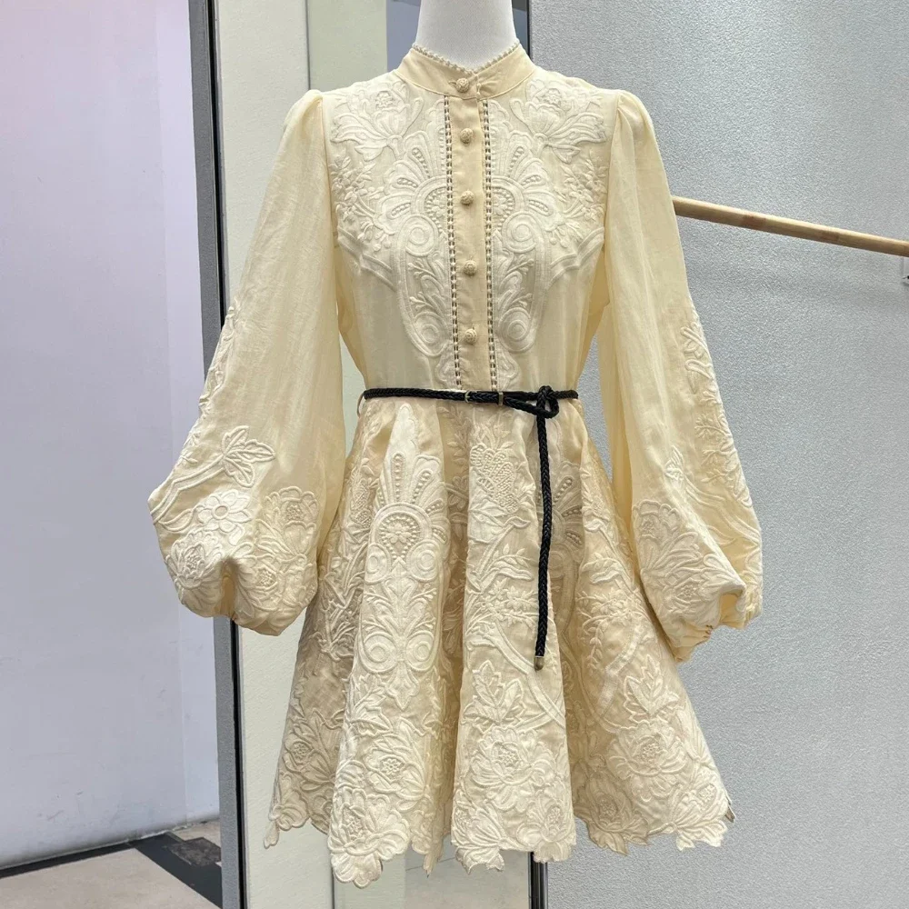 

Women Dress Elegant Vintage Australian Designer Luxury Embroidery Long Sleeve Half High Neck Mini Dress Belt Fashion Chic Party