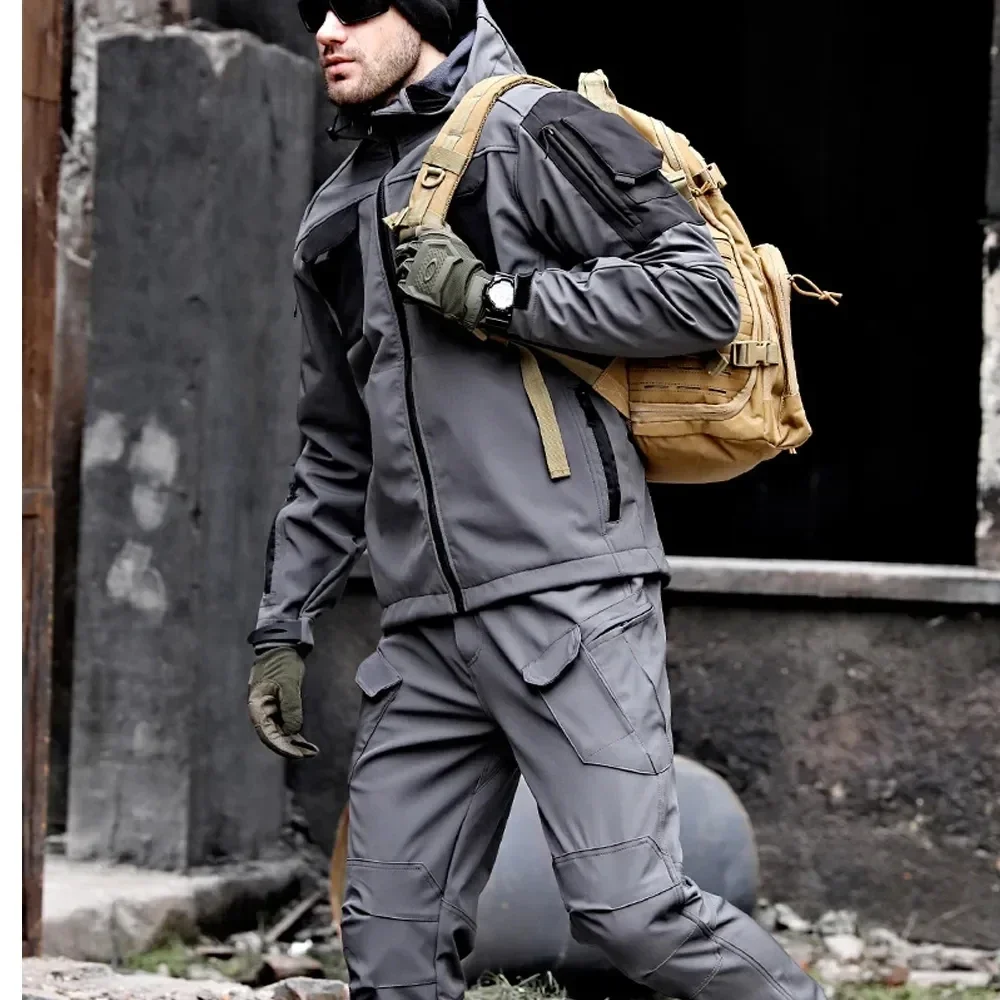 Winter Soft Shell Tactical Sets Men Military Multi-pocket Hooded Jackets+Fleece Warm Straight Cargo Pants 2 Pcs Suits Army Set