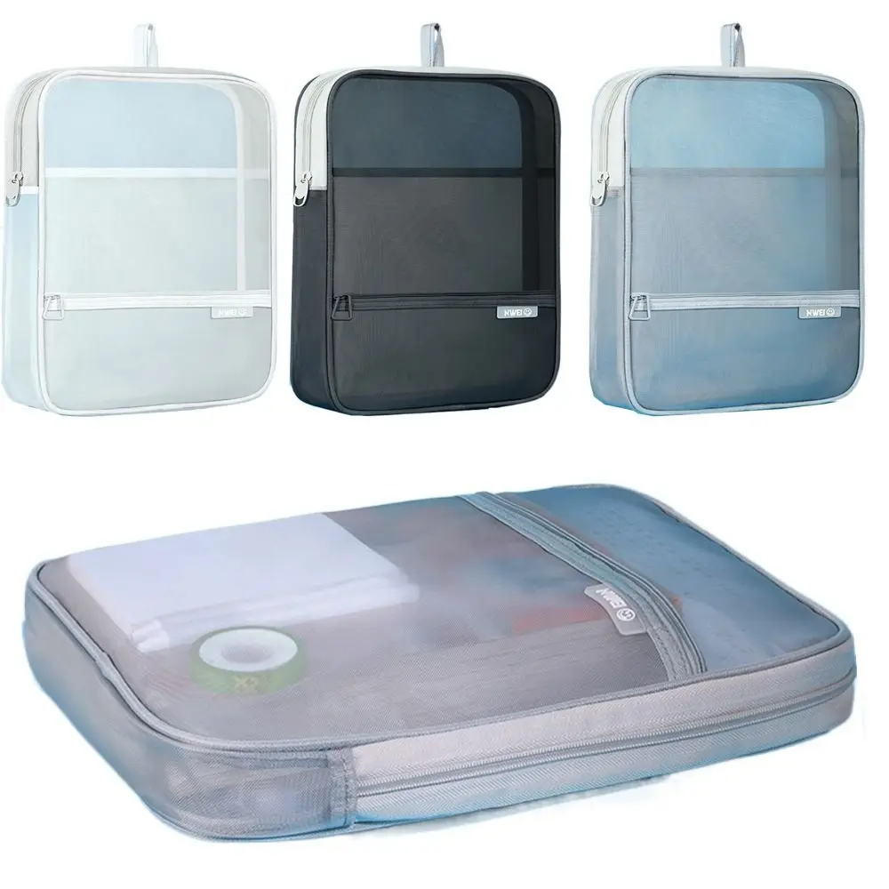 

Portable Mesh Zipper Pouch Bag Large Capacity Thickened Transparent File Holder Lightweight Handle Document Organizer Business