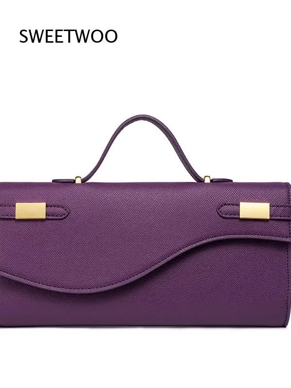 Women Purple Long Handbag Metal Decor Flap Top Handle Removable Strap Crossbody Shoulder Purse