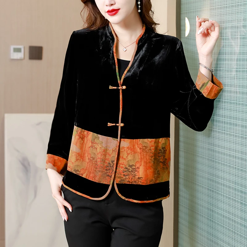 

2024 Black Velvet Patchwork Print Cardigan Coats Autumn Winter Thick Warm Casual Jackets Women Korean Vintage Elegant Top Coats