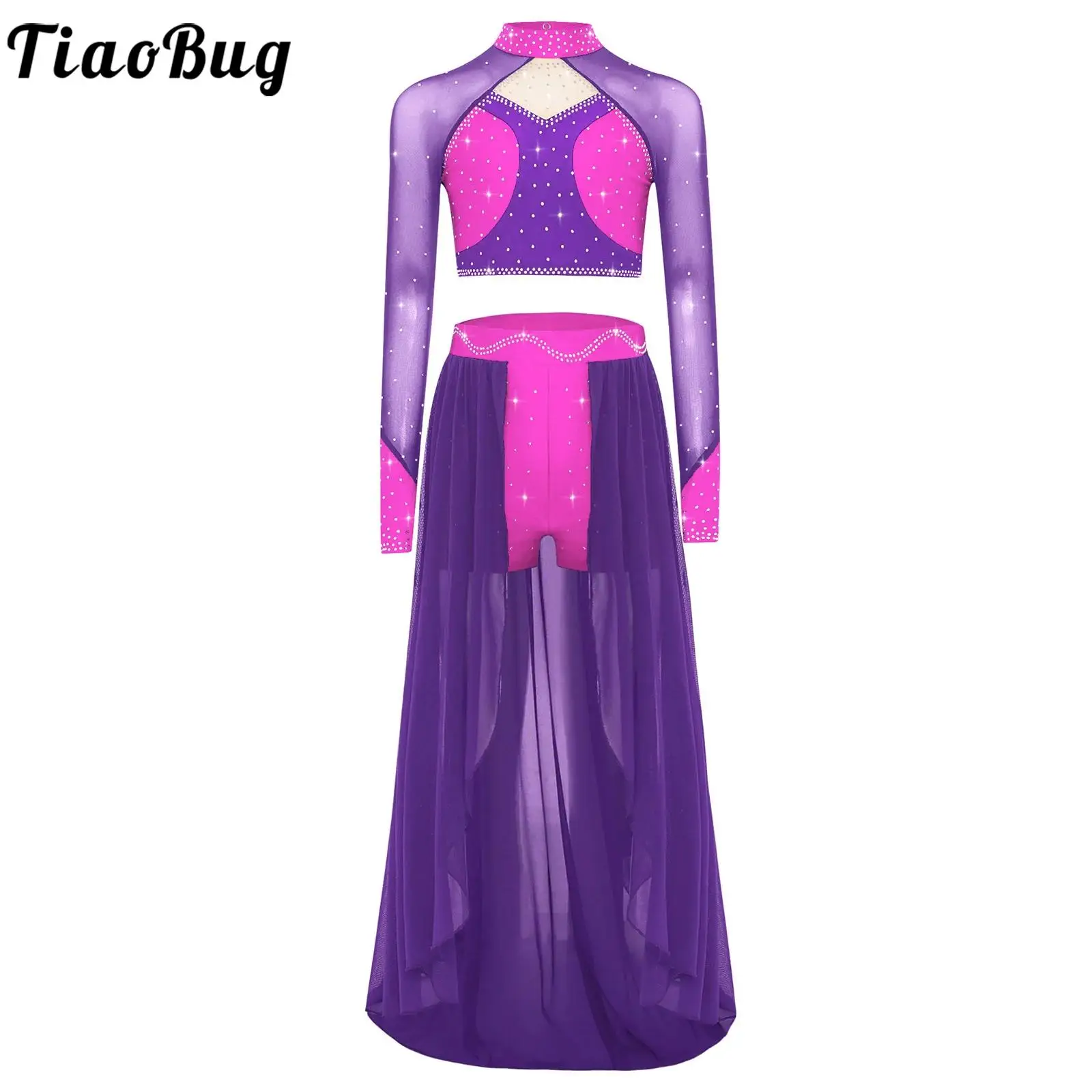 

Kid Girls Lyrical Modern Dance Costume Figure Skating Dance Outfit Long Sleeve Sheer Mesh Rhinestones Crop Top with Shorts Skirt