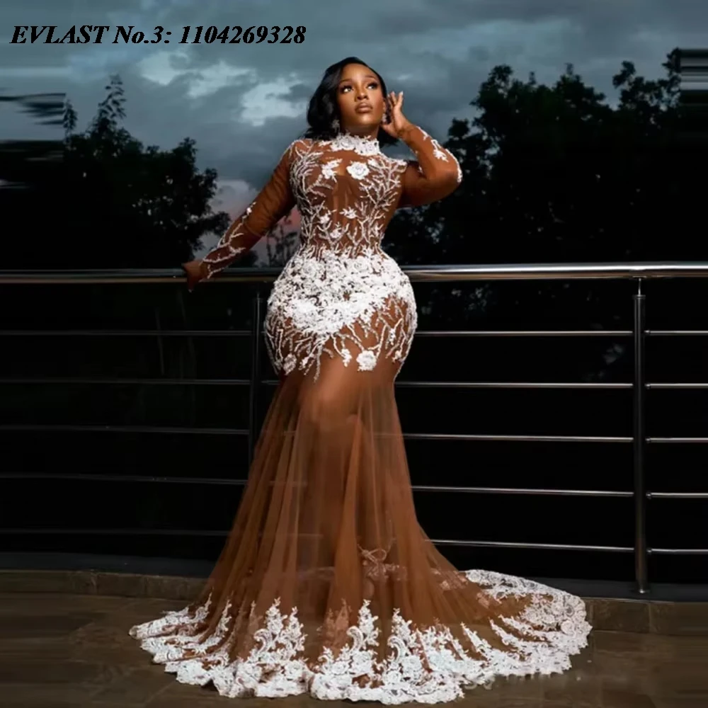 EVLAST Customized Aso Ebi Brown Mermaid Prom Dress African Transparent Lace Applique Beaded Evening Gown Robe De Soirée E3P409