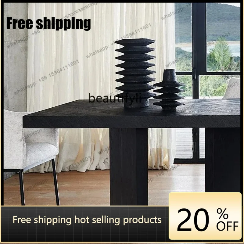 Factory DirectFrench Dining Table Vintage Wind Black Retro Kitchen Island Desk Simple Modern Solid Wood Oak Tea Table