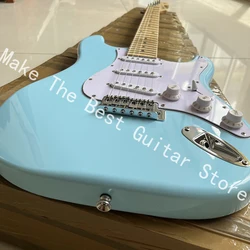 Exquisite bright blue electric guitar, tremolo bridge, professional level, fast delivery.