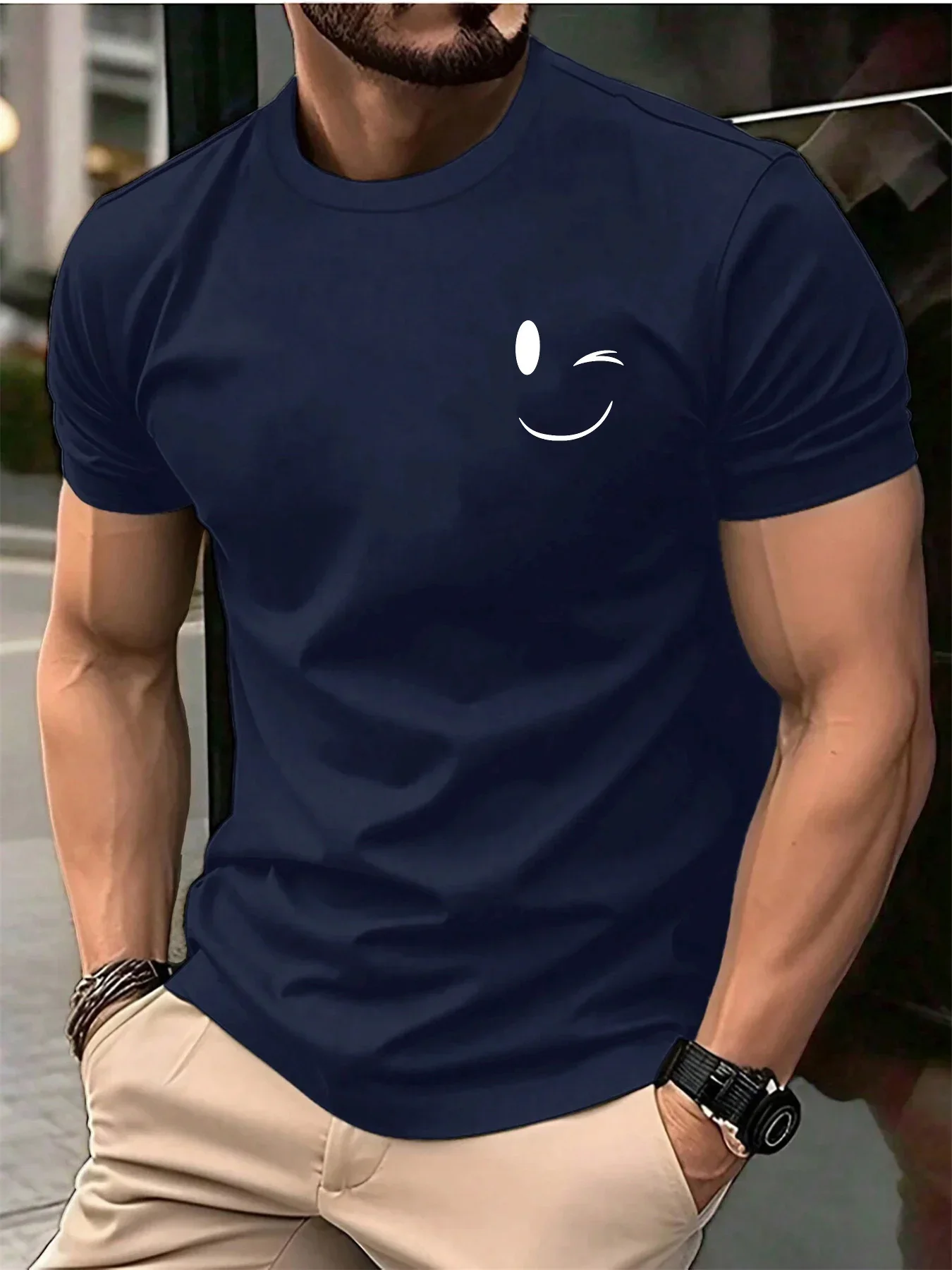 Funny Smily Face Print Tshirt Men Summer Casual Round Neck Short Sleeve Clothes Harajuku Unisex Polyester Tee Streetwear Tops