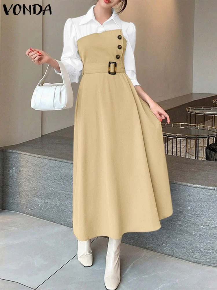 

VONDA Women Elegant Party Dresses Fashion Office Lady Long Shirt Sundress Autumn Long Sleeve Belted Color Patchwork Maxi Robe