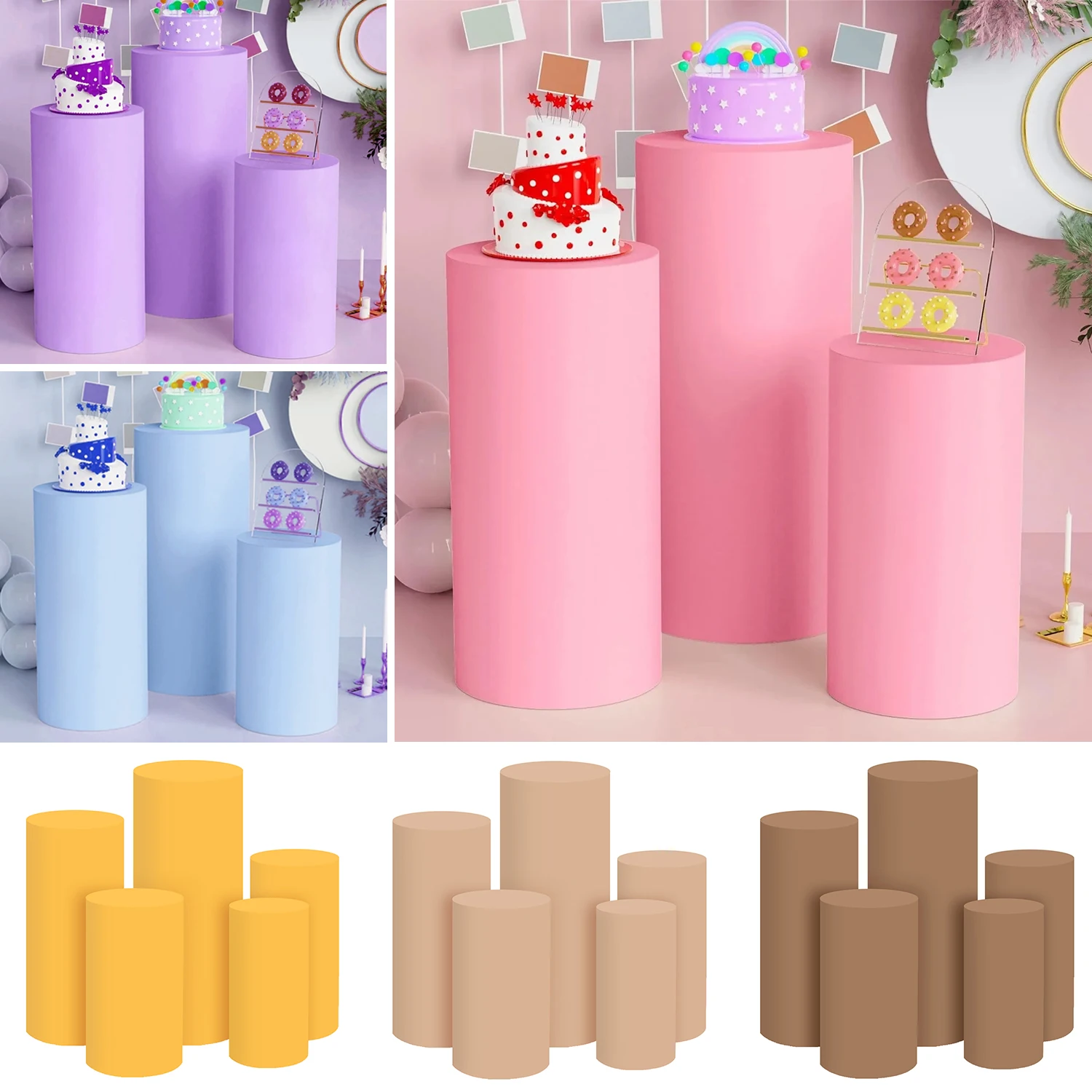 3/5pcs Pure Color Cylinder Cloth Covers Dessert Cake Table Backdrop for Birthday Wedding Baby Shower Party Decor Selastic Fabric