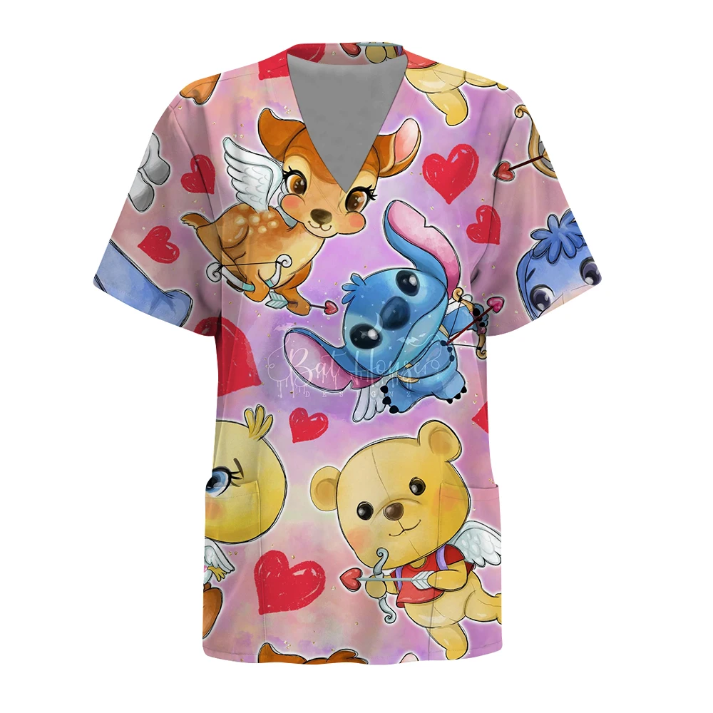 Surgical Uniforms Disney Winnie the Pooh print Pocket Design Surgical Costume Woman V-Neck Short Sleeve Nurse Medical Uniform