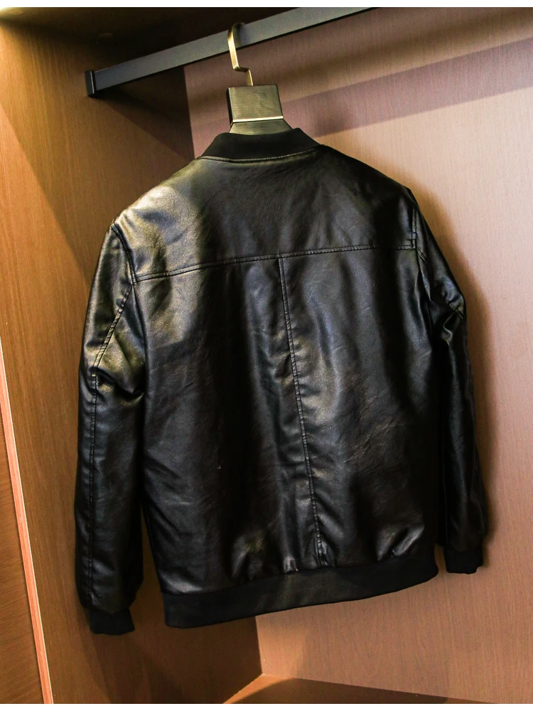 Thickened Fleece Lined Washed PU Leather Baseball Collar Jacket Men's Leather Coat Trendy H936 Youthful Winter Long Sleeve Zi...