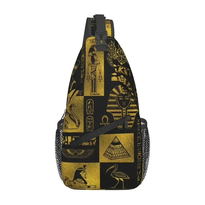 

Custom Gold Hieroglyphs And Symbols Collage Crossbody Sling Backpack Egypt Shoulder Chest Bag for Traveling Daypack