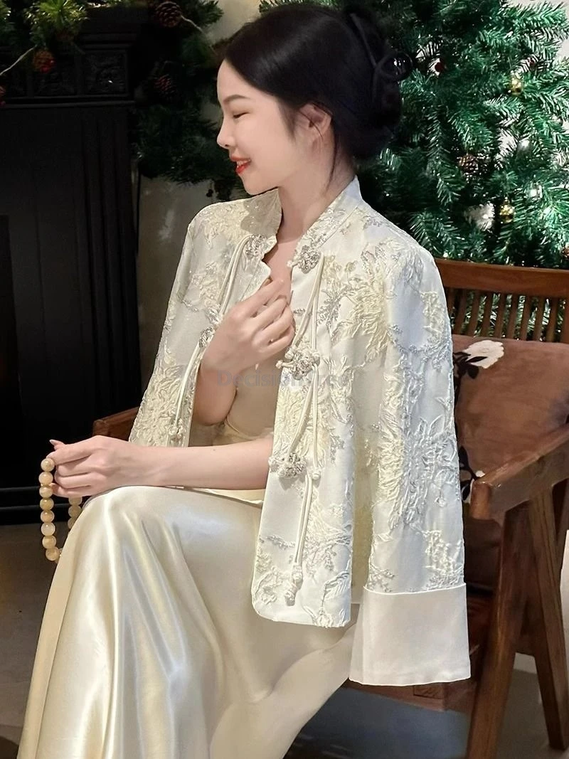 

2025 винтажный женский повседневный элегантный комплект одежды в китайском стиле, темпераментный жаккардовый костюм Тан, пальто, модное универсальное платье