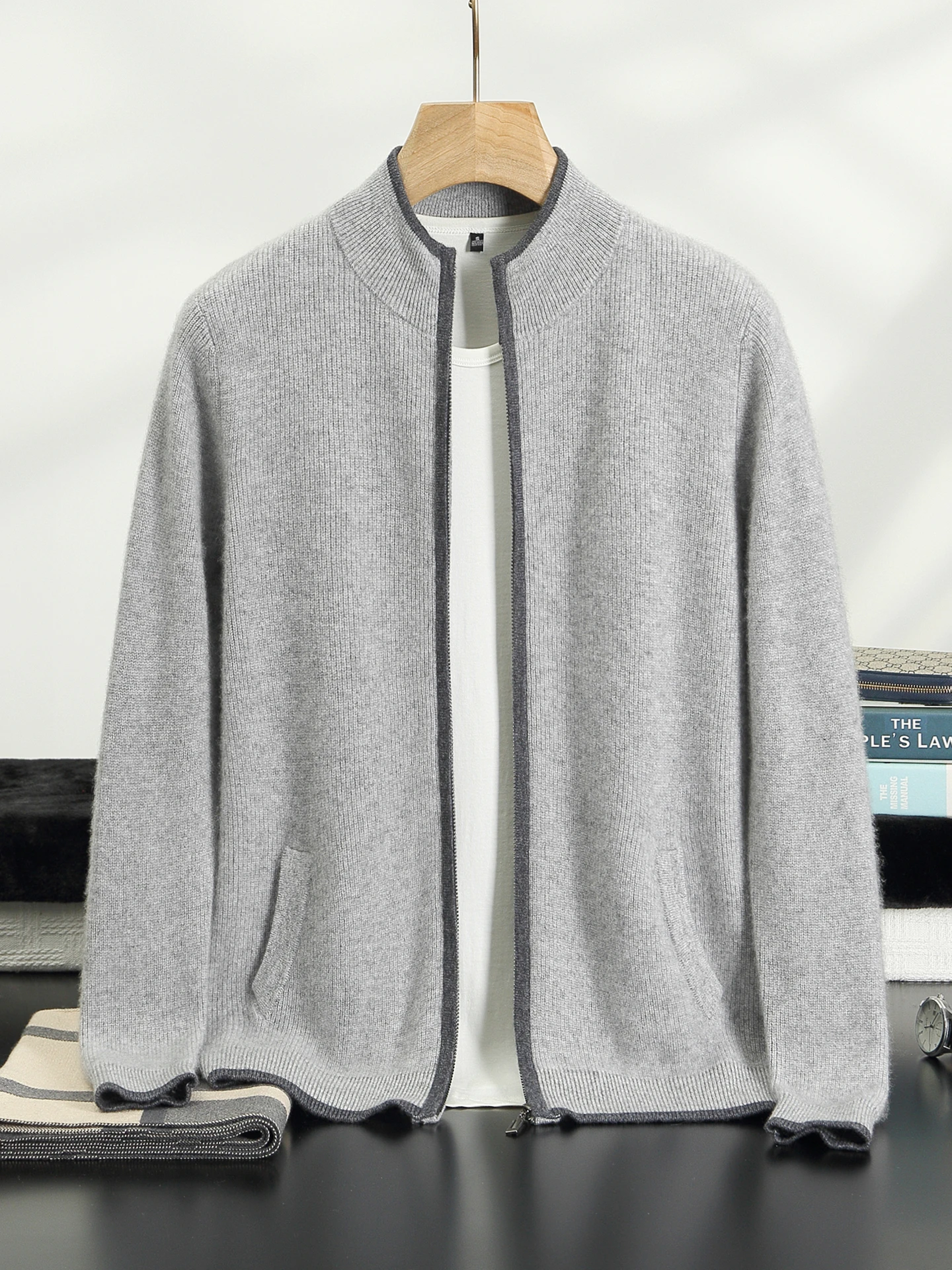 New Autumn Winter Men's 100% Cashmere Cardigan Sweater Stand Collar Zip-up Color Blocking Loose Casual Thickend Warm Knit Jacket