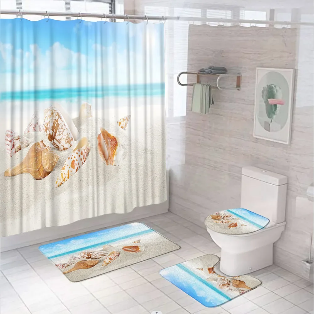 Beach Starfish Nautical Coastal Blue Board Shower Curtain Set Rug Bath Mat Toilet Cover Sea Conch Shell Sand Bathroom Curtains