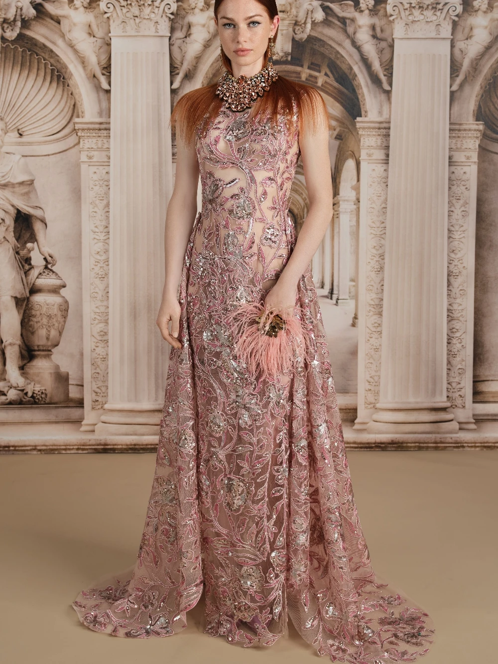 Sparkly Pink Floral Sequins Embroidered Evening Dress Chic High Neck Detachable Train Customized Prom Gown Luxury Gala Wear