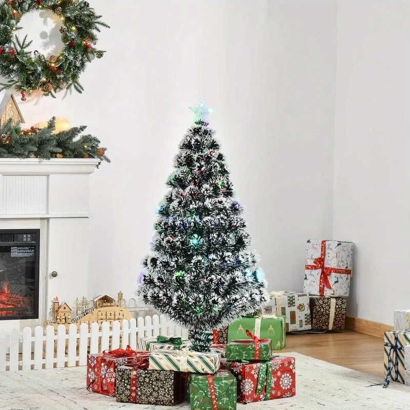 شجرة HOMCOM 4ft Xmax المضاءة مسبقًا LED من الألياف الضوئية شجرة عيد الميلاد الاصطناعية لتزيين موسم عطلة الشتاء مع حامل