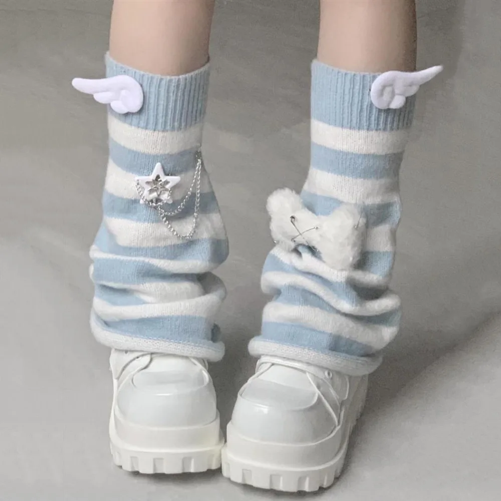 Calentadores de piernas originales Y2K, calcetines Harajuku de estilo japonés a rayas azules y blancas, calcetines holgados estilo Harajuku con alas