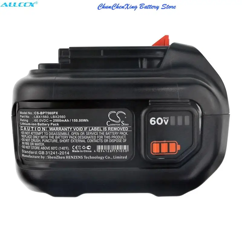 بطارية 2500 مللي أمبير في الساعة LBX1560 لمنفاخ بلاك اند ديكر 60 فولت ماكس، LHT360C، CM2060C، LHT360، LHT360CFF، LST560، LSW60، LSW60C
