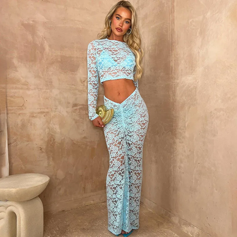 

Apprabant Lace Spliced Skirt Set Round Neck Long Sleeved Open Navel Top Low Waist Perspective Slim Fit Irregular Skirts Suit