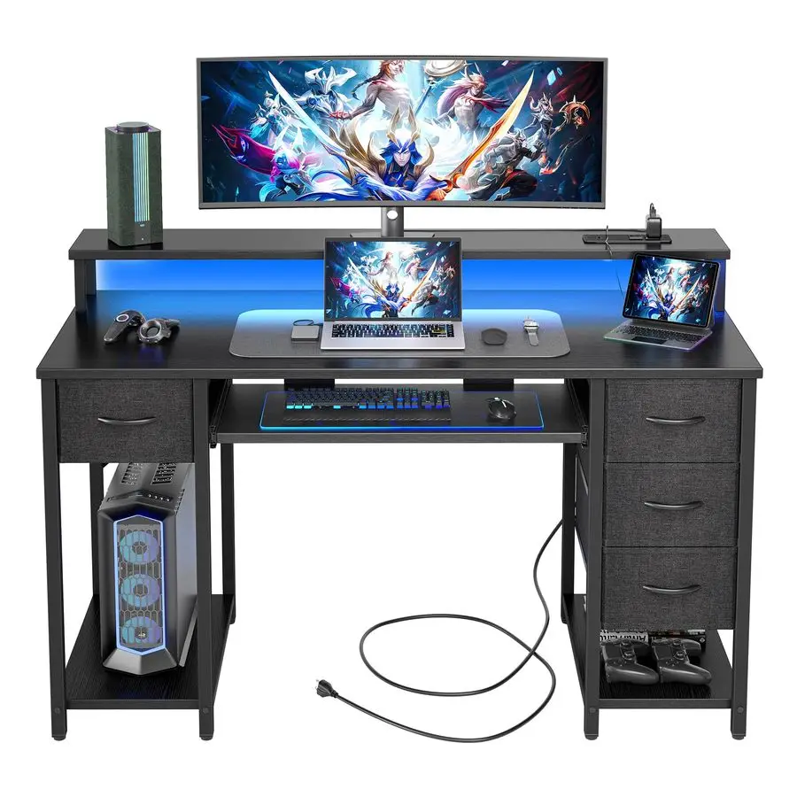 

Компьютерный стол с ящиками и розетками, 47-дюймовый игровой стол со светодиодной подсветкой, стол для домашнего офиса с подставкой для монитора и клавиатурой