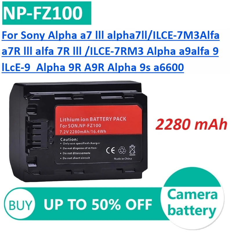 

2P 2280mAh NP-FZ100 NPFZ100 Battery for Sony Alpha A7 Lll Alpha7ll/ILCE-7M3Alfa A7R Lll Alfa 7R Lll /ILCE-7RM3 Camera Batteries