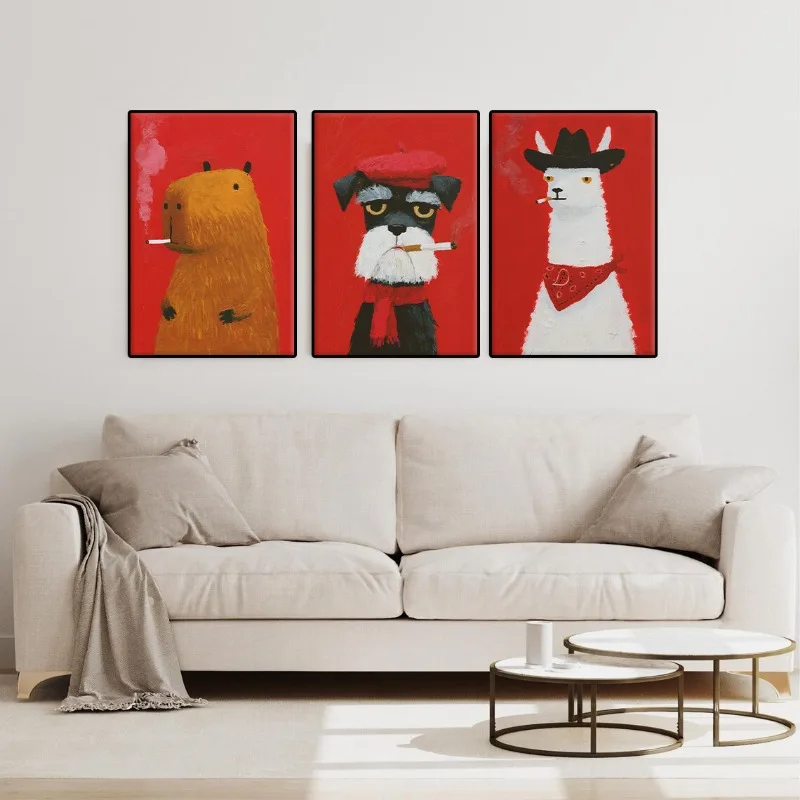 Funny Animal Smoking Cigarette Portrait Poster Vintage Cat Dog Capybara Llama Canvas Painting Wall Art for Bedroom Home Decor