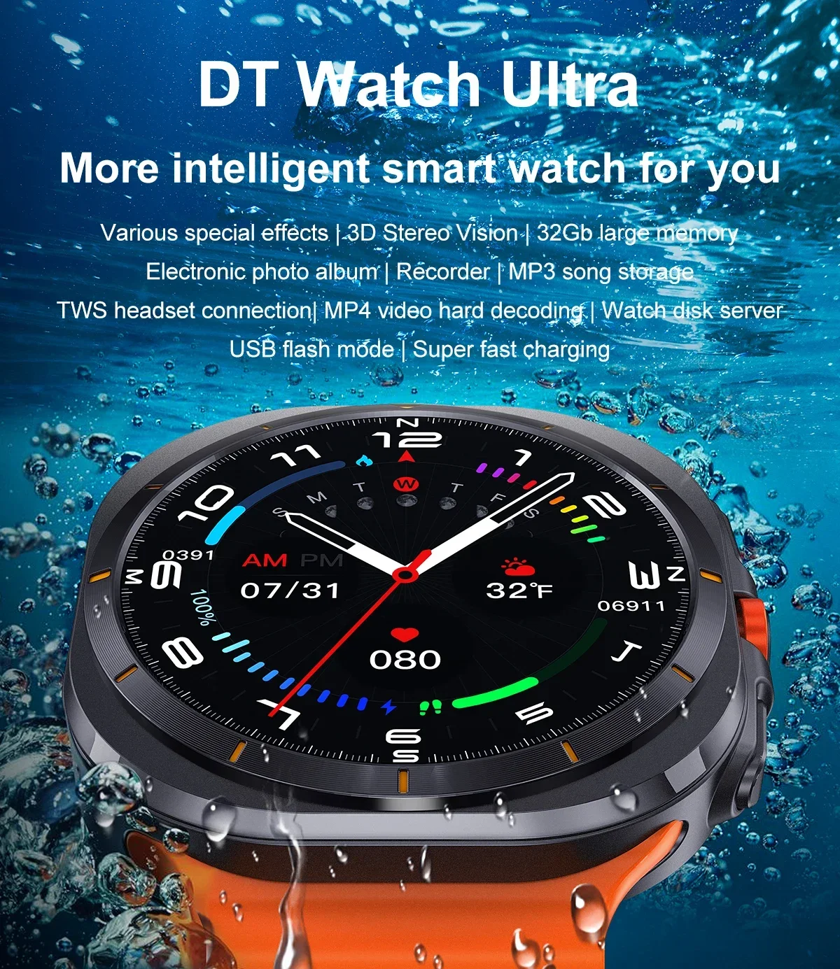 2024 DT Watch Ultra Smartwatch 47mm Smart Watches For iPhone Samsung Galaxy 4GB ROM Men Women Lady Video Player Sports Fitness