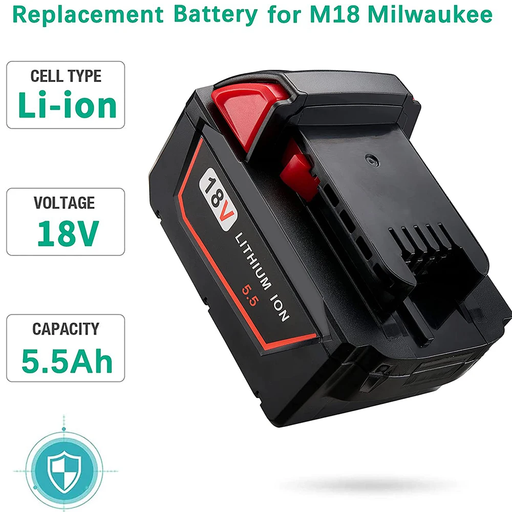 5.5Ah M18 Battery for Milwaukee 18V Li-Ion Replacement M18 Battery,for M18B XC 48-11-1815 48-11-1820 48-11-1850  2 Pack