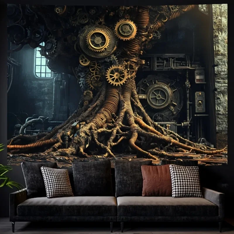 VIKAMA Steampunk Gear Tree Tapestry, Mechanical Root Tree Industrial Wall Hanging, Vintage Machine Art Cloth Poster Room Decor