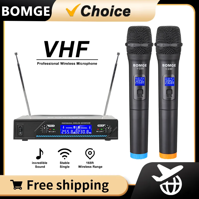 BOMGE V-230 2 Channel Handheld Wireless Karaoke Microphone System Professional Mic For Party Meeting Church Show Family KTV