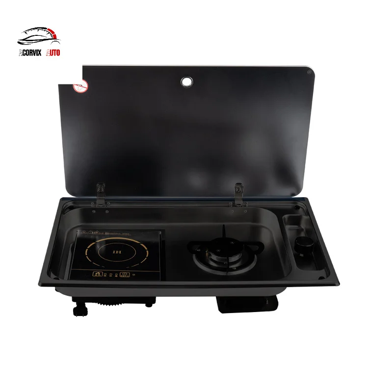 RV Gas Induction Combo Cooktop Stamped SUS304 Body Flip Cover Waterproof for Outdoor RV Caravan RV Built in Cooking Stove