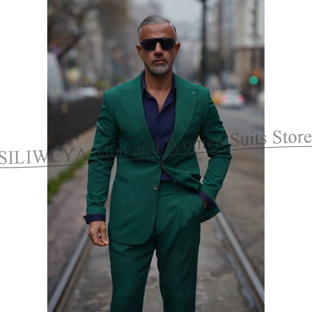 

Fashion Green Men Suits Single Breasted Peak Lapel Outfits 2 Piece Chic Daily Smart Casual Party Wedding Tuxedo Male Suit