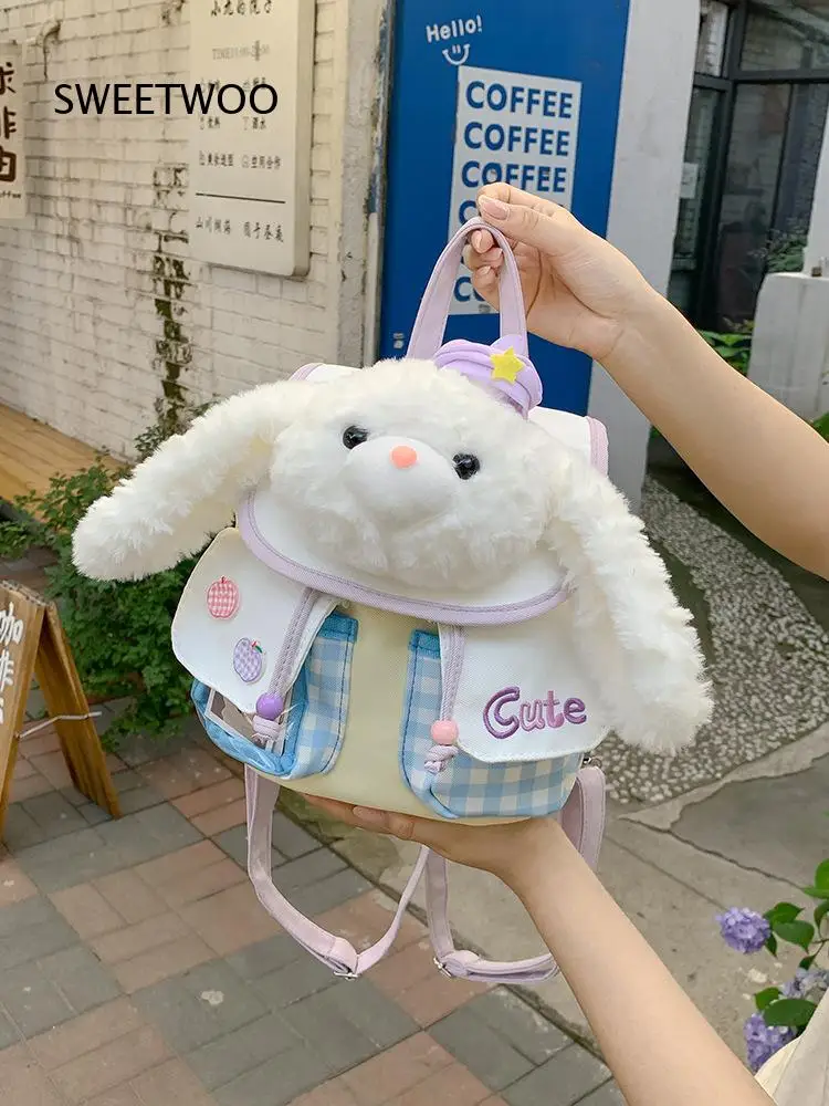 Cute Plush Bunny Mini Backpack Cartoon Rabbit Doll Small Daypack Plaid Splicing Kawaii Shoulder Bag for Girls