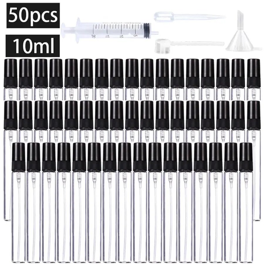 50 sztuk 4 akcesoriów 10 ml szklana butelka z rozpylaczem wielokrotnego użytku z 50 butelkami z rozpylaczem, 1 zakraplacz, 1 lejek, 1 dozownik