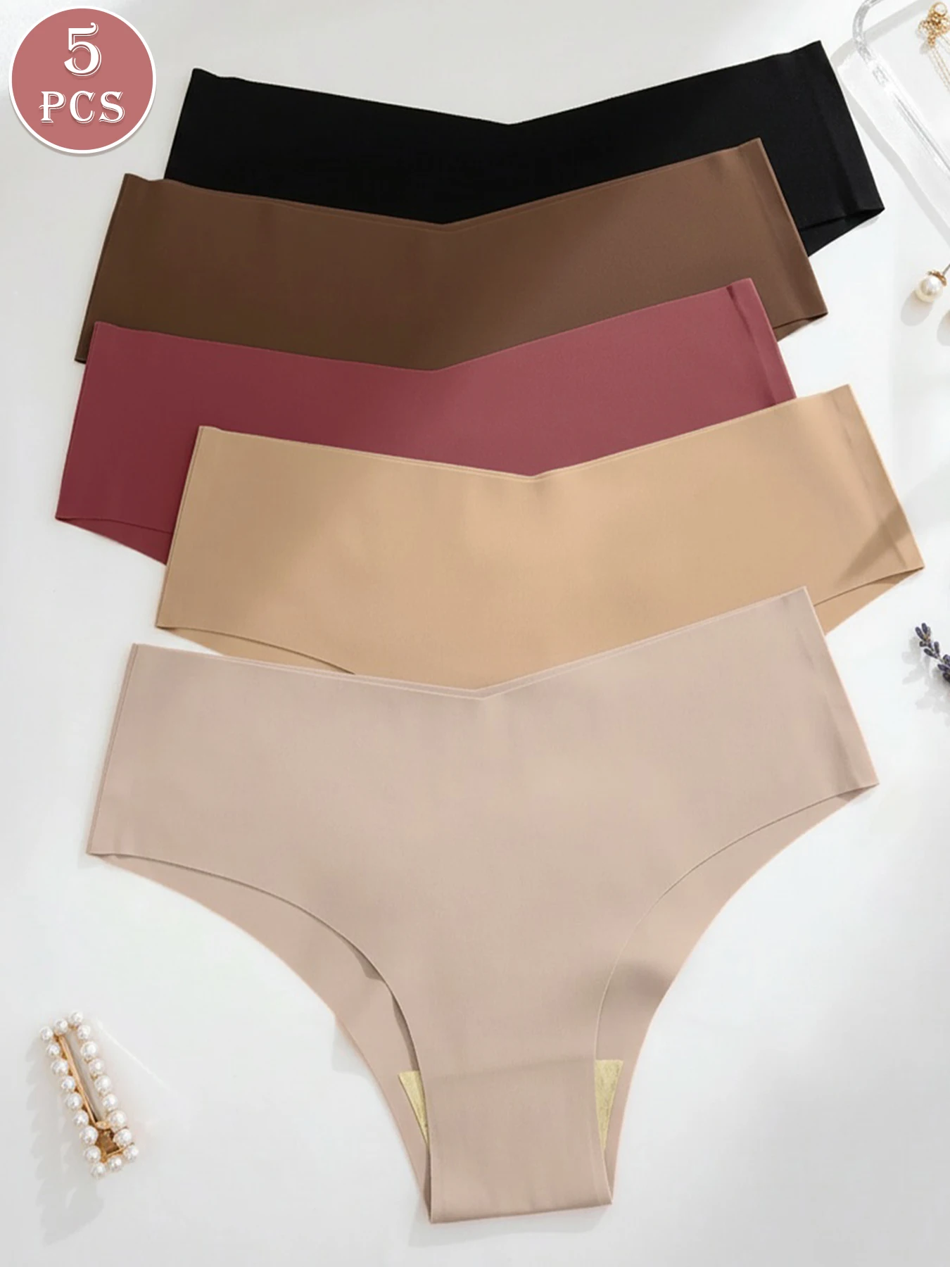 5-teiliges Set Damen-Slips mit niedrigem Bund, nahtlos, einfarbig, unsichtbare Komfortunterwäsche – Detail 3