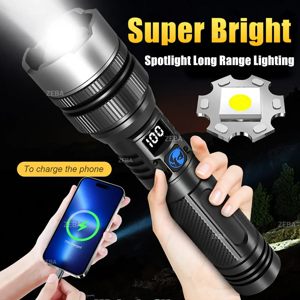 High Strong Power Led Flashlights2000LM Tactical Torch with Display Light USB Charging Camping Fishing Emergency Zoom Lantern