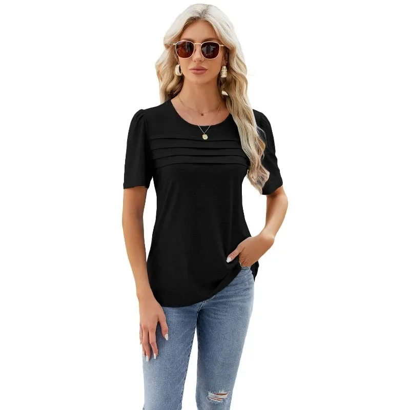 Nice Summer Fashion Women's Top T-shirt Solid Color Clothing 2024 New U Neck Folds Casual Loose Pullover Ladies Underlay Tee Shi