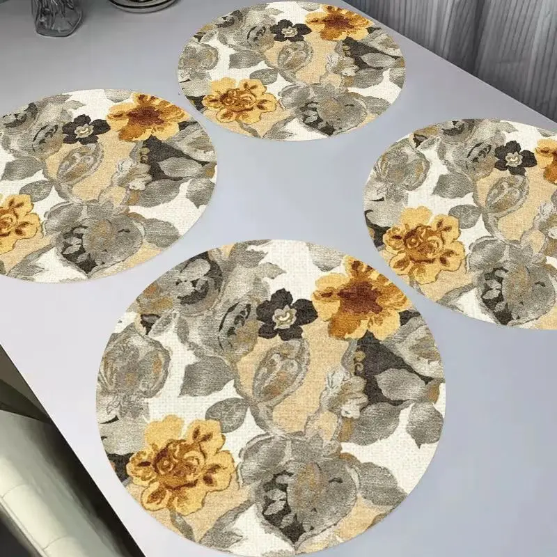 VIKAMA Retro Vintage Yellow Rose Flower Round Linen Table Mat Insulation, Washable, Wear resistant Table Mat Table Decoration