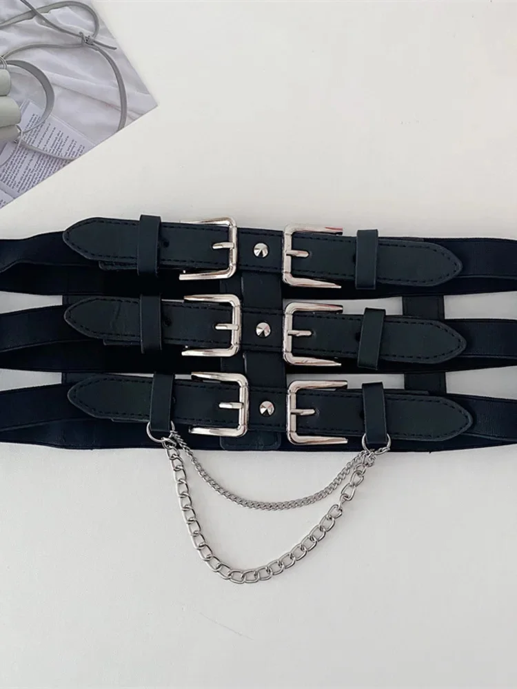 

PU Leather Black Belt Personalized Tide Chain All Match Dress Jacket Wide Belts Women's Waist Sealing New Style 3C2993