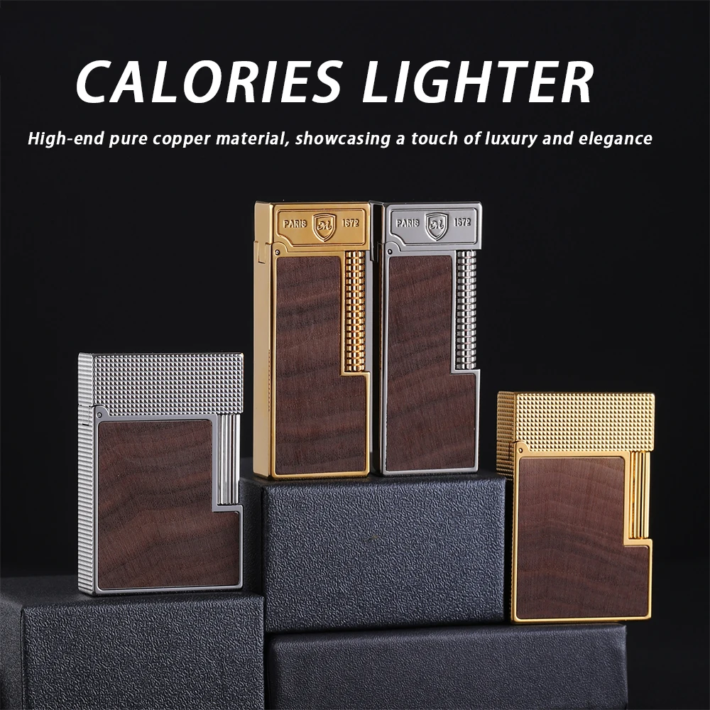 

Pure Copper Metal Lighter with Wood Grain Inlay Creative Personalized Design Side Sliding Ignition Heavy Hand Feel with Gift Box