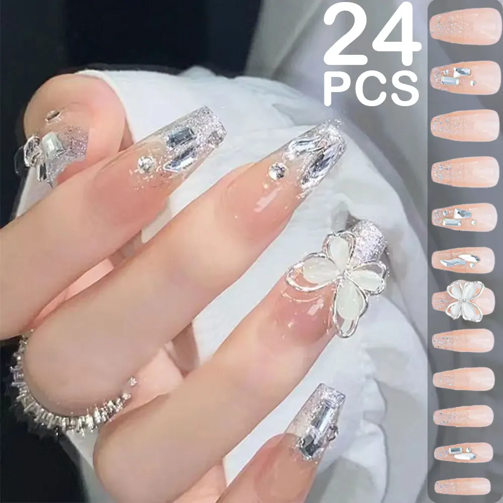 24Pcs Super Flash Giant Butterfly Press On Nails Cat Eye Crystal Clear False Nails Sweet Mid Long Trapezium Fake Nails