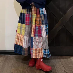 Design  printing splicing, high waist long A-line skirt, women's spring  autumn new style, slimming and casual versatile skirt