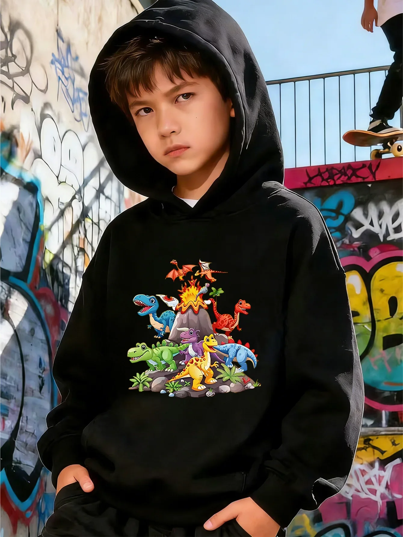 Kids Boys Dinosaur Volcano Graphic Hoodie Black Printed Dino Sweatshirt School Clothes Birthday Present Autumn Winter Tops