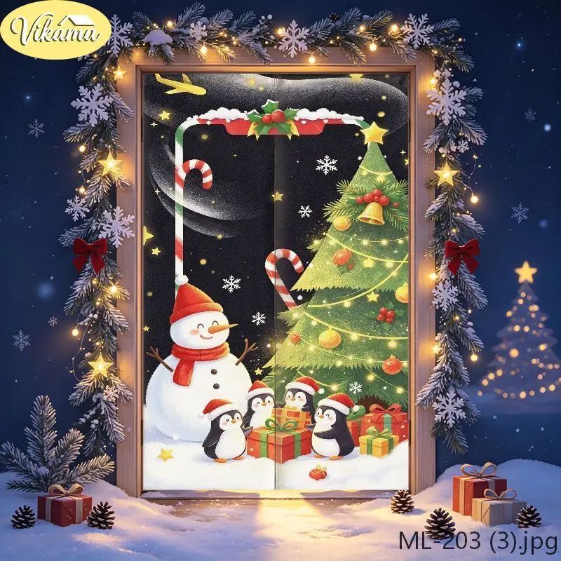 VIKAMA Christmas Snowman Penguin Tree Candy Door Curtain Black Background Cane Star Gift Holiday Linen Noren Bedroom Kitchen