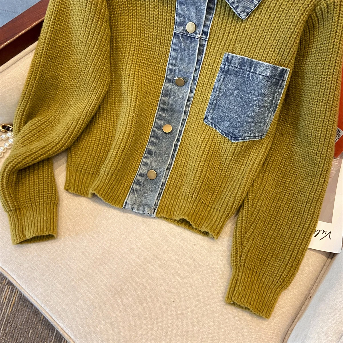 Denim Stitching Sweater Coat Women 2024Autumn New Vintage Lazy Style Coat Contrast Color Top Single Breasted Warm Sweater Female