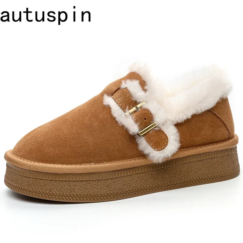 

AUTUSPIN Winter Thickened Warm Plush Loafers Women Fashion Suede Leather Heighten Platform Woman Shoes 2025 Popular Daily Flats