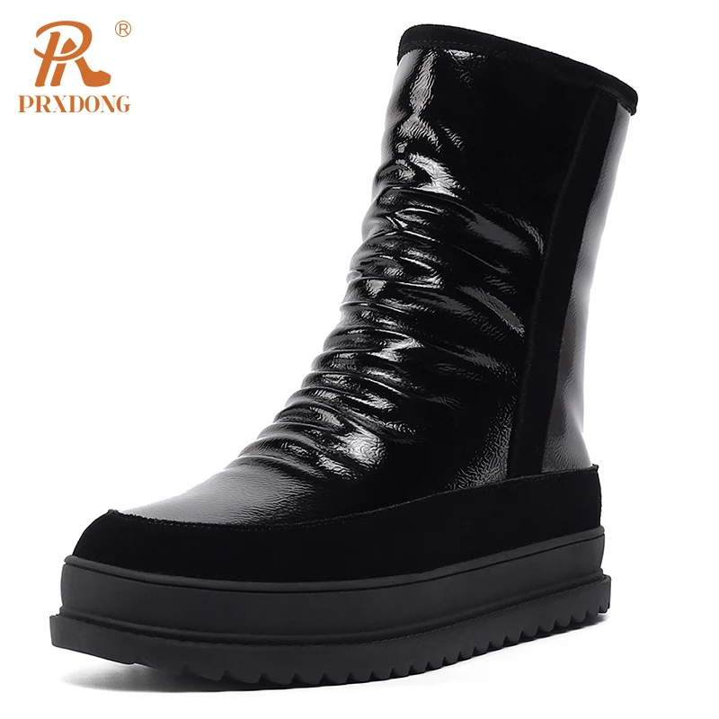 PRXDONG 2023 New Fashion Autumn WInter Warm Snow Boots Qulaity Leather Med Heels Platform Black Silver Real Fur Dress Casual 39