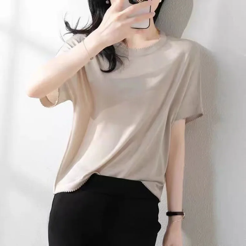 Boeylun New Fashion girocollo manica corta maglione lavorato a maglia donna estate sottile con manica a spalla in pizzo Design t-shirt Top